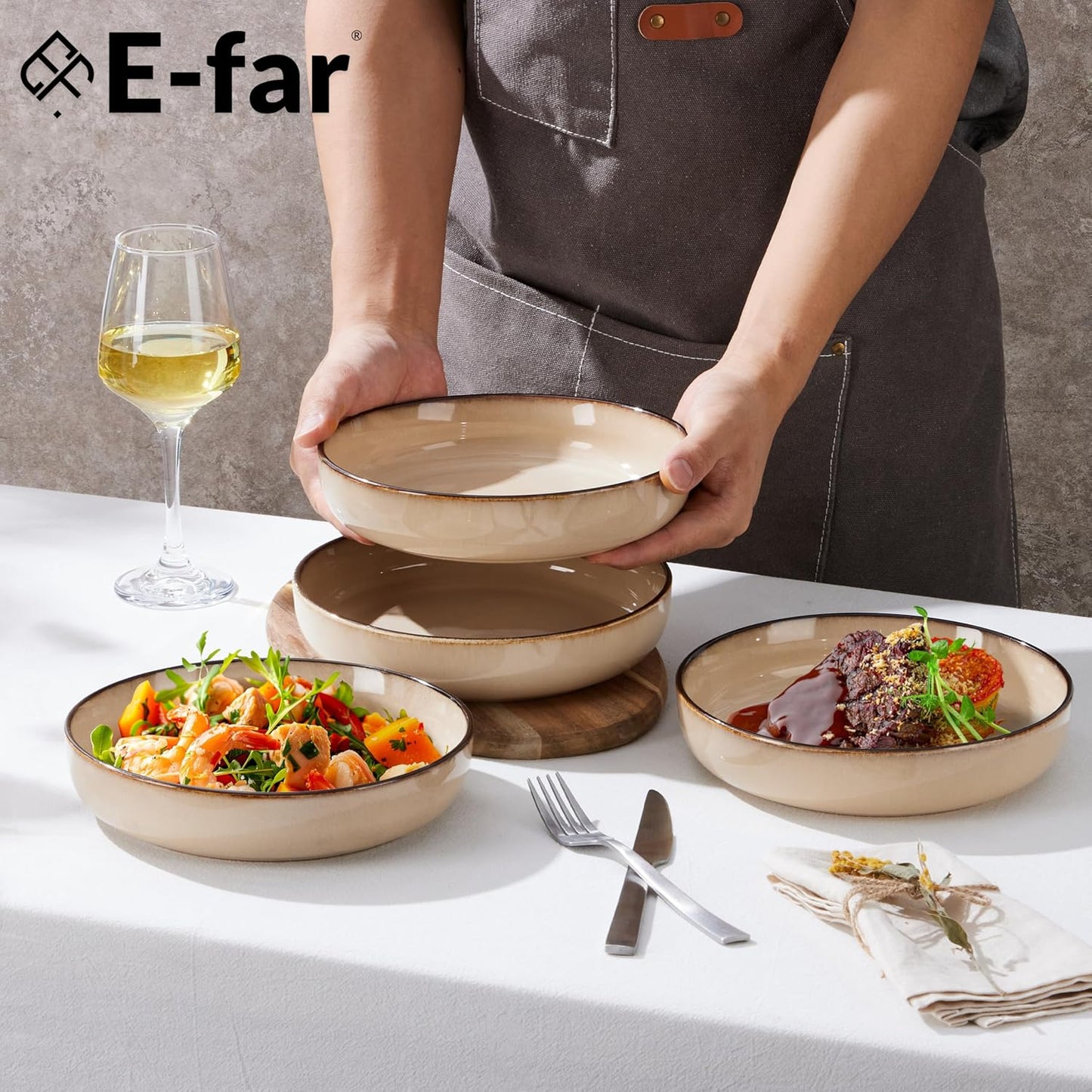 E-far Pasta Bowls Set of 4, 35oz Large Salad Bowls for Serving, Wide and Shallow Ceramic Plates for Kitchen, Double Reactive Glaze, Microwave and Dishwasher Safe, Sandy Beige
