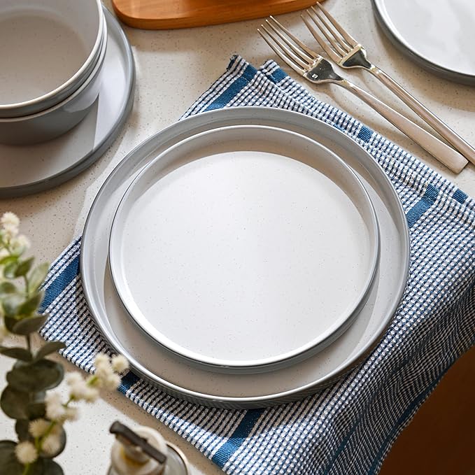 Melamine Dinnerware Sets, Dishware Sets for 4, 12 Pcs Plate and Bowl Set with Lipped Edges, Lightweight Dish Set for Camping,Dishwasher Safe,Good for Housewarming(Light Grey,White)