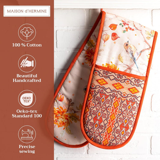 Maison d' Hermine Double Oven Mitt (7" x 35") 100% Cotton Heat Resistant BBQ Cooking Gloves with Loop for Thanksgiving Christmas Decorations Baking Cooking Barbeque Handling Hot Pan (Kelim - Prairie)