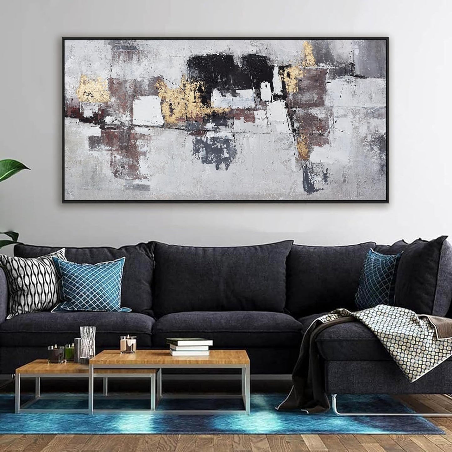 Abstract Wall Art Modern Abstract Artwork Canvas Prints Picture Black Gold Graffiti Modern Wall Artwork Bedroom Living Room Office Decoration Ready To Hang 24"x48" With Framed