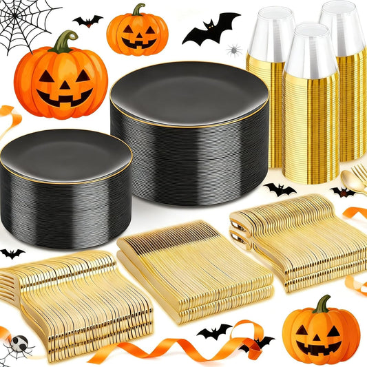 WDF 300PCS Black and Gold Plates - Black Plastic Plates for Party - 50guest Disposable Dinnerware Sets for Party/Wedding/Halloween/New Year