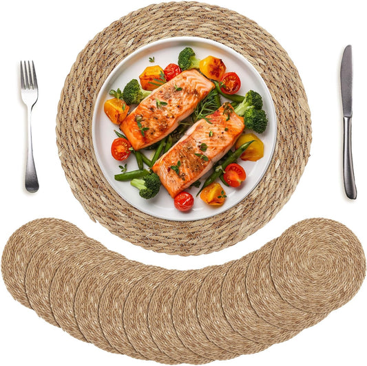 Set of 12 Round Woven Placemats 15 Inch Bulrush Placemats Natural Handwoven Boho Rattan Wicker Table Mats for Farmhouse & Home Dining