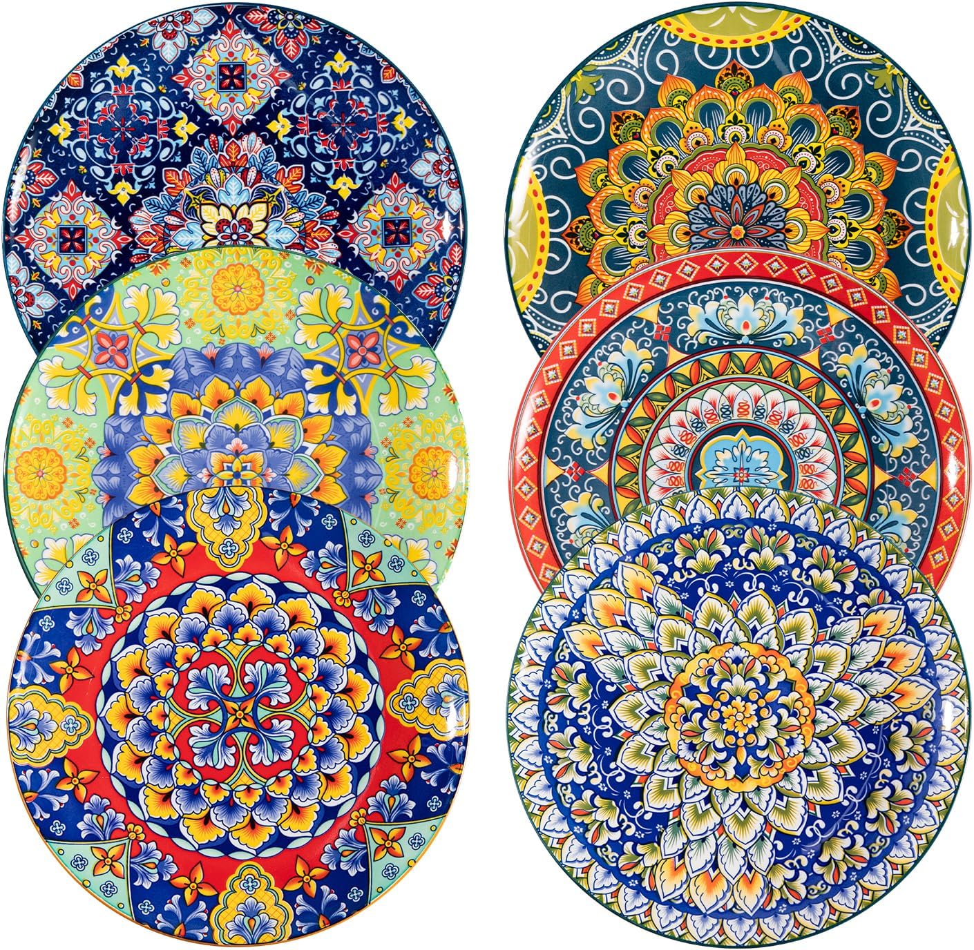 Sweejar Dinner Plates 10.5 Inch,Ceramic Large Plates Set of 6,Bohemian Style Colorful Plate Dishwasher and Microwave Safe Round Porcelain Dessert Plates for Kitchen