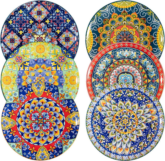 Sweejar Dinner Plates 10.5 Inch,Ceramic Large Plates Set of 6,Bohemian Style Colorful Plate Dishwasher and Microwave Safe Round Porcelain Dessert Plates for Kitchen