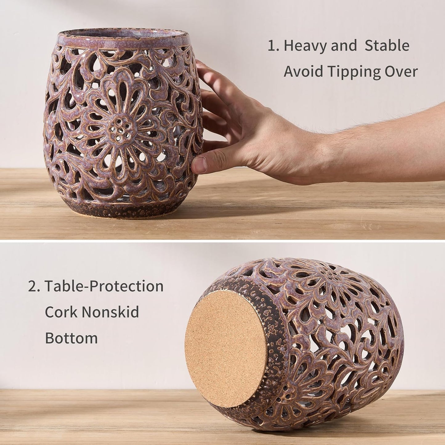 Farmhouse Kitchen Utensil Holder for Kitchen Counter, Ceramic Large Cooking Utensil Crock with Cork Mat, Countertop Cooking Tool Spatula Organizer, Purple Antique Design