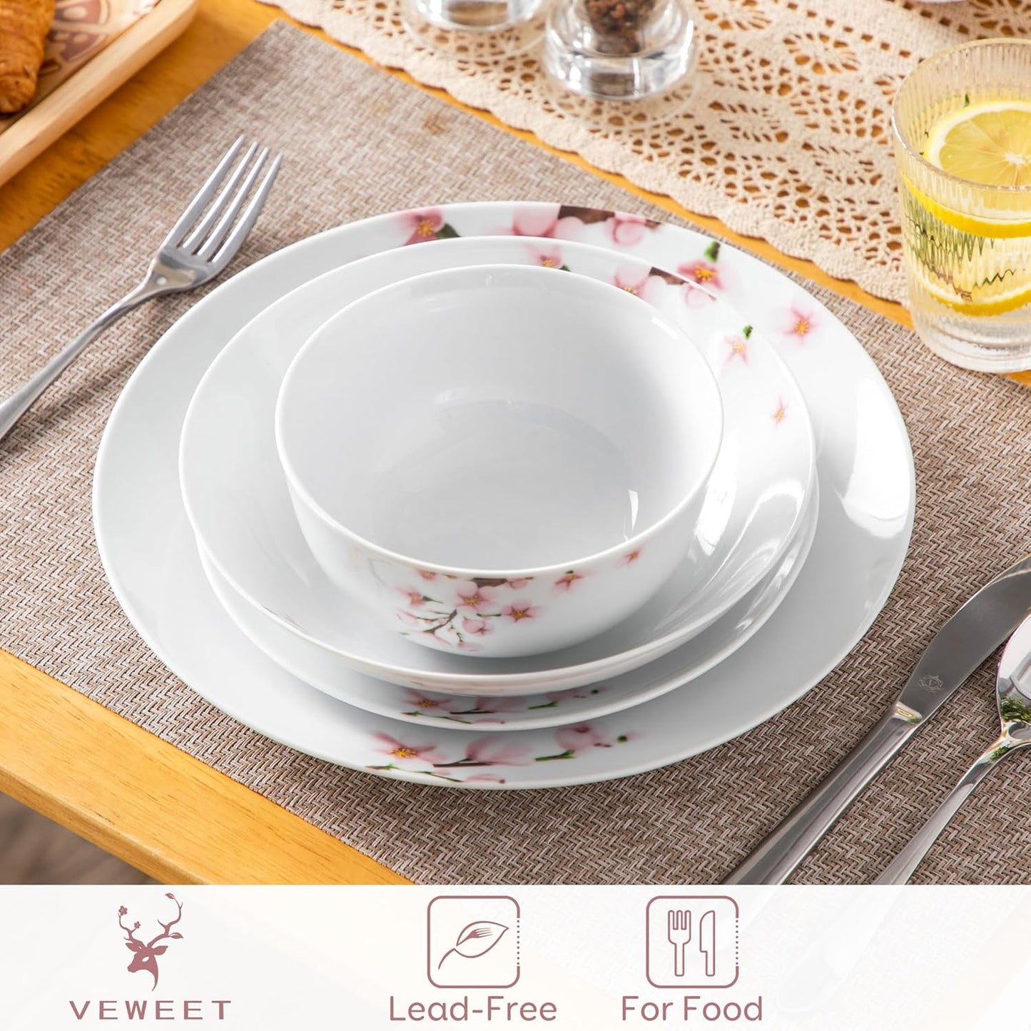 VEWEET Dinnerware Sets for 6, 24 Pieces Porcelain Plates and Bowls Set with Pink Floral, Classic Dishes Set Dining Ware for Dinner, Microwave Dishwasher Safe, Series ANNIE