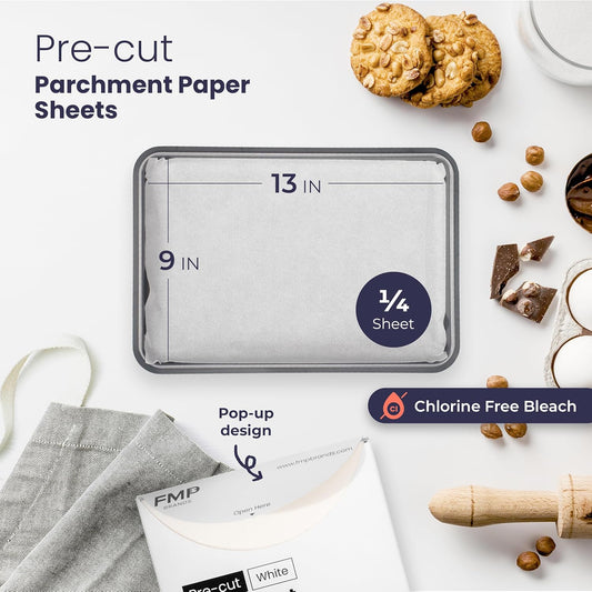 Fit Meal Prep 250 Pcs Parchment Paper Baking Sheets, 9 x 13 inch Pre-Cut Non Stick 1/4 Size White Oven Paper for Cooking, Baking Cookie, Steaming, Grilling Rack, Air Fryer