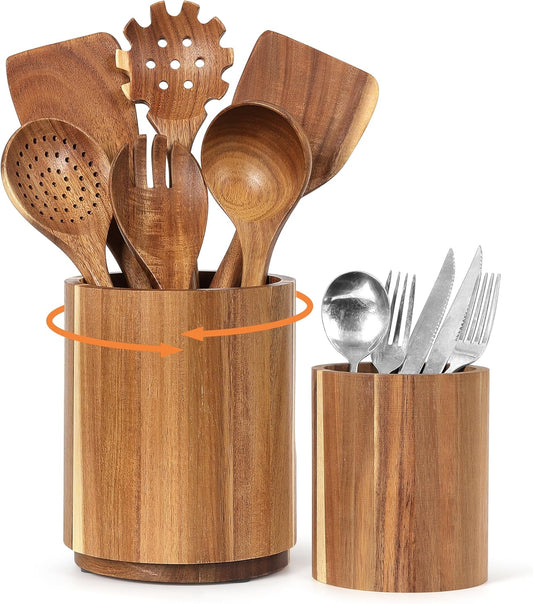 Utensil Holder for Kitchen Countertop: 360° Rotating Wooden Utensil Crocks - Farmhouse Cooking Spoons Organizer