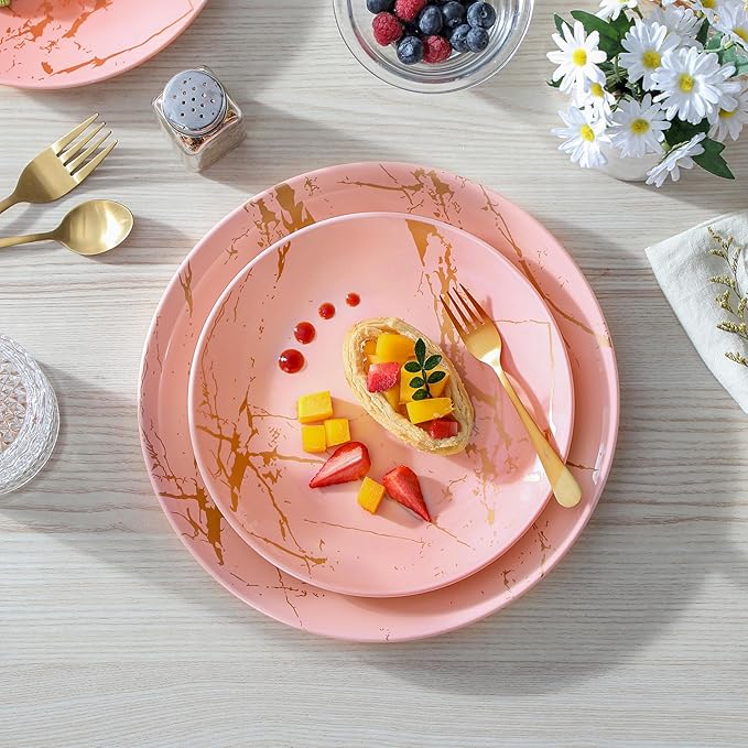 LOVECASA Pink Dinnerware Sets for 4, 12 Piece Porcelain Plates and Bowls Sets, Gold Splash Dish Set, Modern Ceramic Dinner Set, Dishwasher Microwave Safe