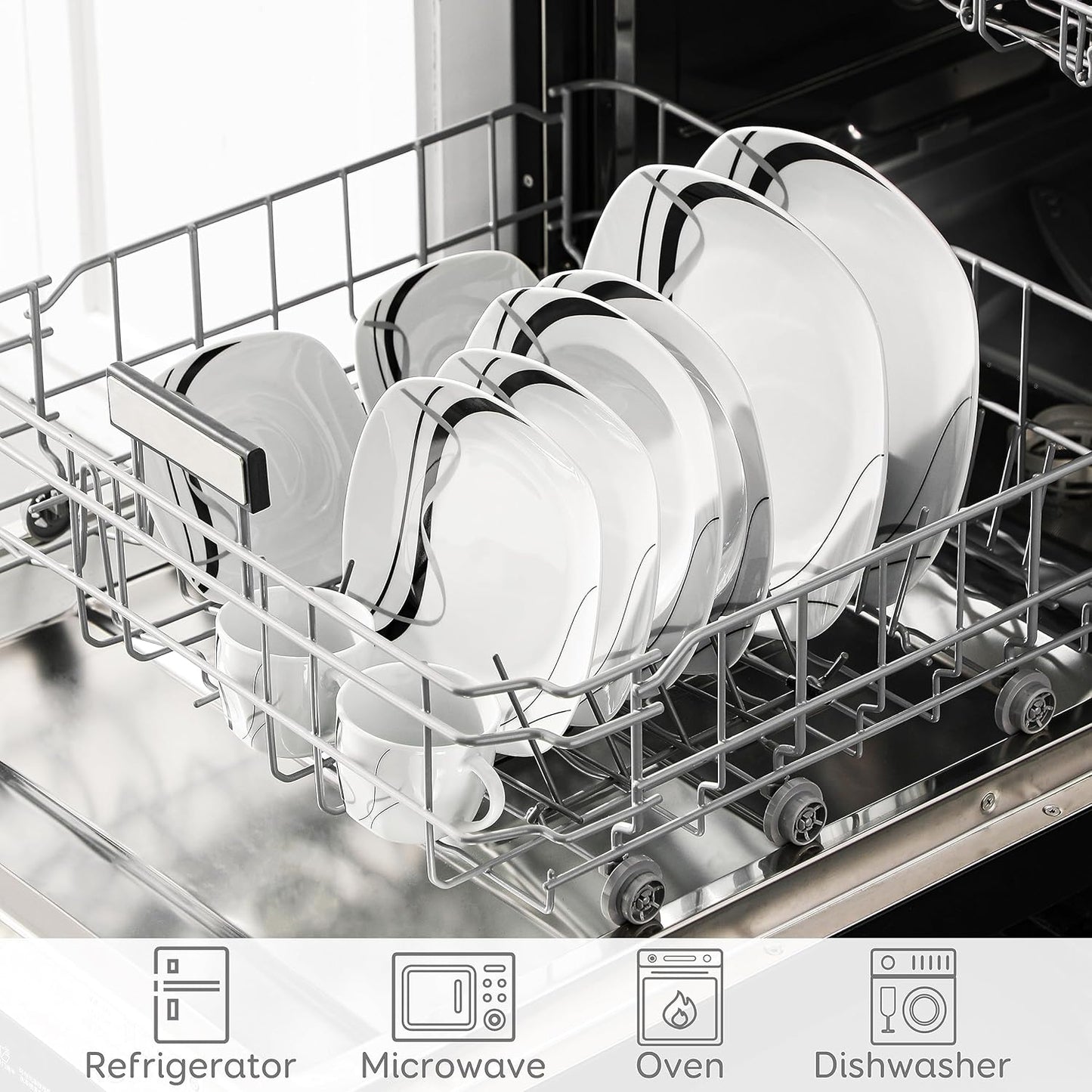 VEWEET, Series Fiona, 30-Piece Dinnerware Sets for 6, White Dishes Set with Black and Gray Stripes, Porcelain Dinner Set Including Dessert Plates, Soup Plates, Dinner Plates, Cups & Saucers