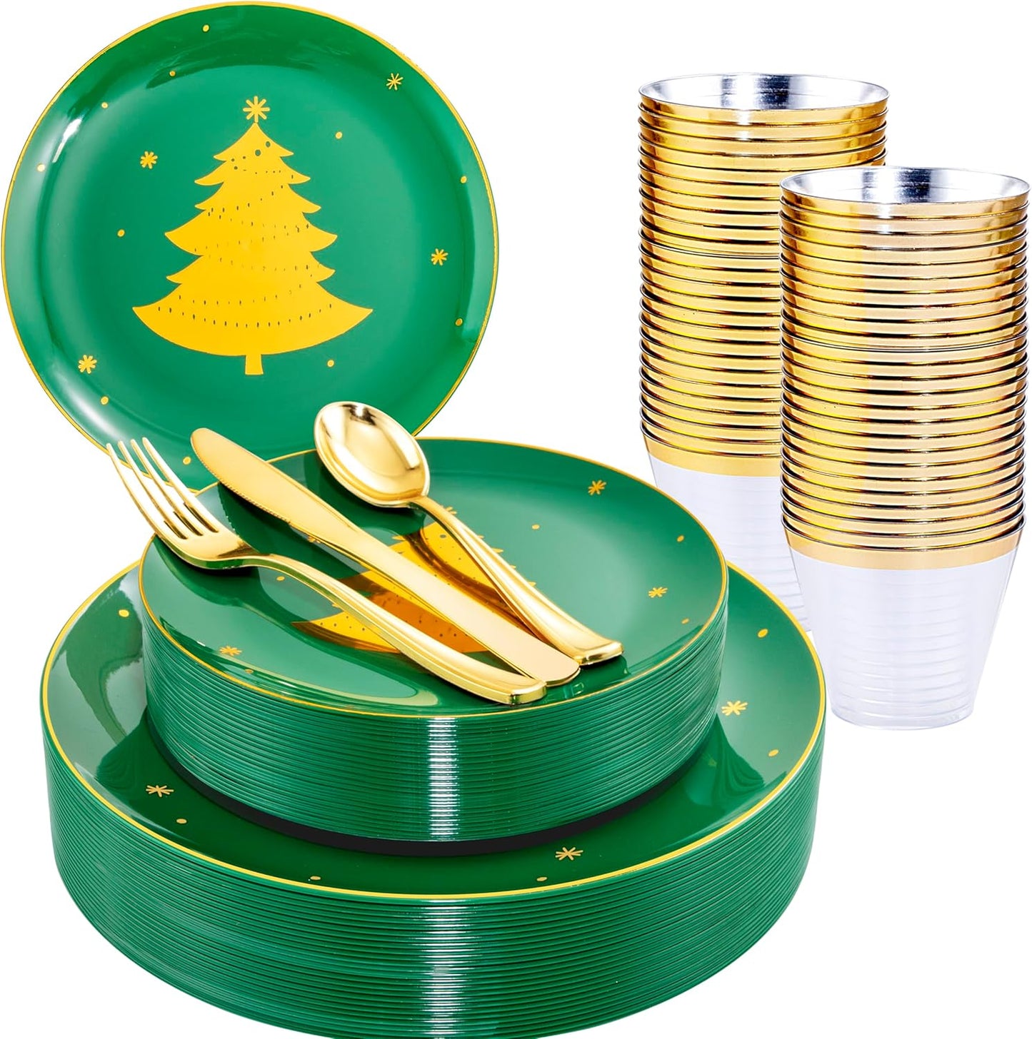 WDF 150pcs Christmas Plates Plastic Disposable - 25 Guests Green Plates with Gold Tree, Gold Plastic Silverware, Clear Gold Cups, Christmas Design Perfect for Christmas Parties, EJ