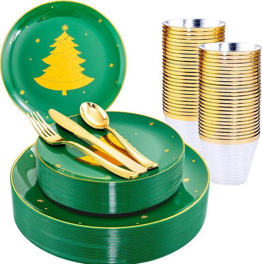 WDF 150pcs Christmas Plates Plastic Disposable - 25 Guests Green Plates with Gold Tree, Gold Plastic Silverware, Clear Gold Cups, Christmas Design Perfect for Christmas Parties, EJ