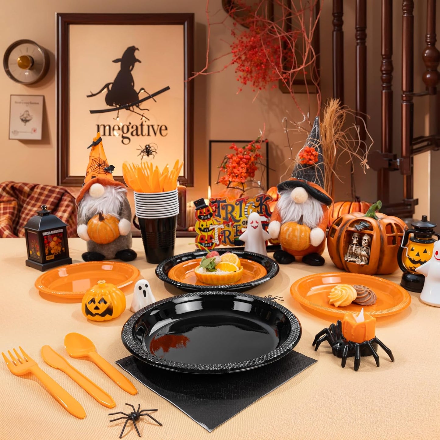 MirthMood 350PCS black and orange Plastic Plates,Black Disposable Plates –Plastic Plates Set Includes 50 Dinner,50 Dessert Plate,50 Cup&50 Napkins, 50 orange Silverware for Wedding& Parties& Halloween