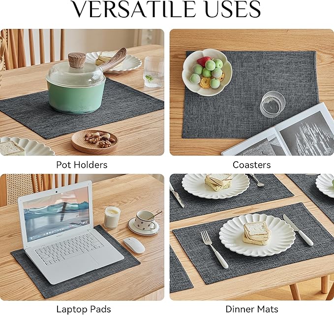 Softalker Faux Linen Placemats Set of 12-12 x 18 Inch, Heat Resistant Double Layered Durable Burlap Farmhouse Place Mats, Non-Slip Washable Rustic Table Mats for Dining, Kitchen, Party（Dark Grey