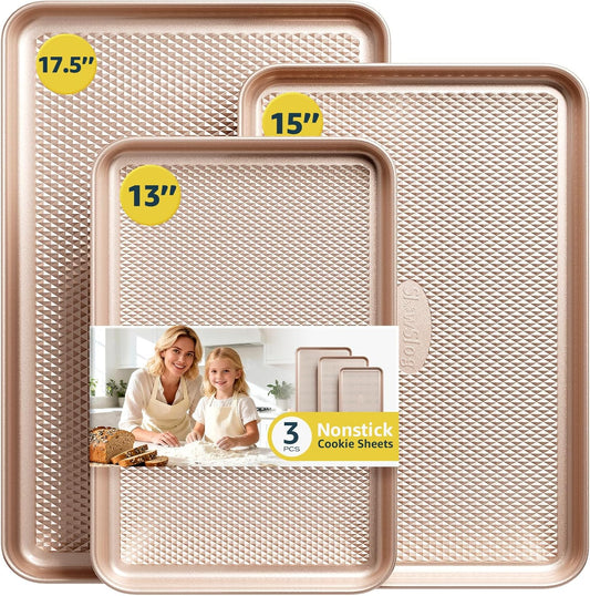 3Pcs Baking Sheet Pan Set, Large Nonstick Cookie Sheets Set, Jelly Roll Pans, Heavy Duty Carbon Steel Cookies Sheet for Oven, Diamond Texture, Gold
