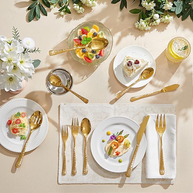 KINGSTONE Gold Hammered Silverware Set, Flatware Set with Serving Utensils, 18/10 Stainless Steel Premium Cutlery with Unique Ripple Handles Design Mirror Polished - Dishwasher Safe (65-Piece)