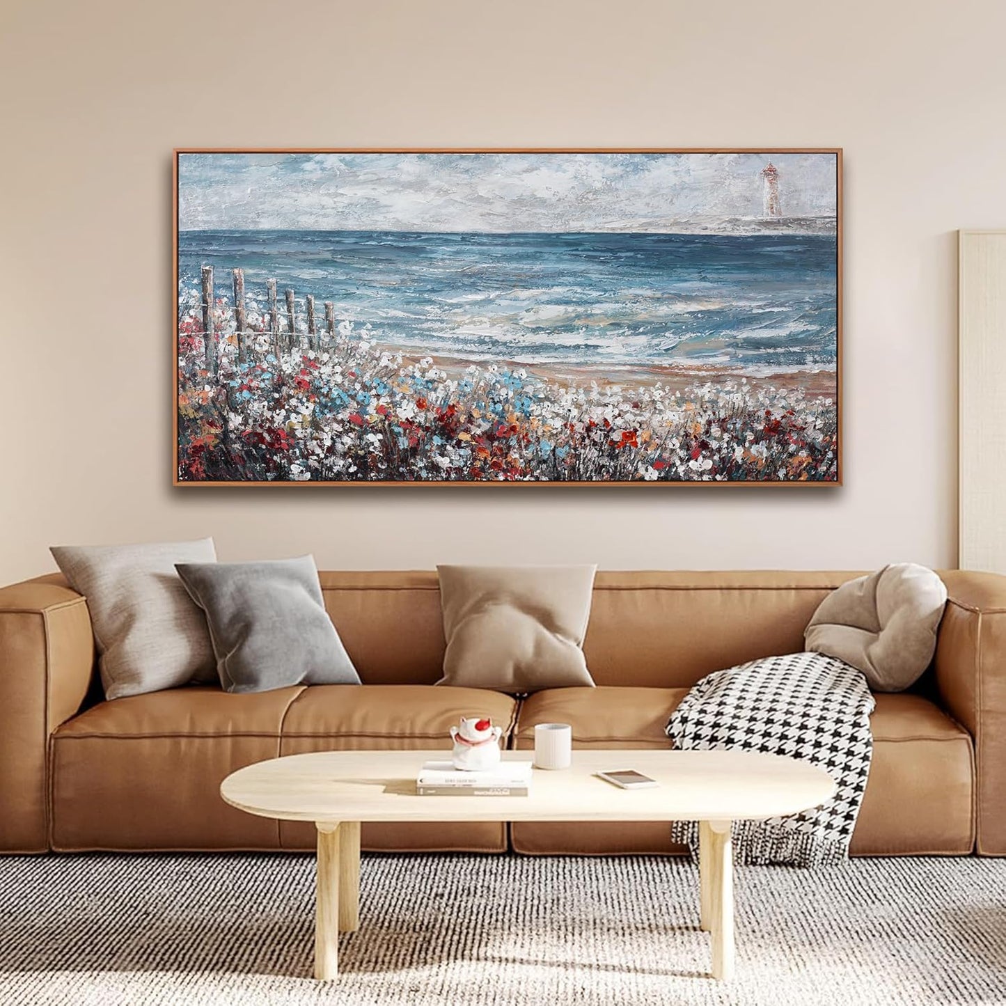 Wall Art Decor Wall Canvas Painting Blue Sea Colorful flowers Landscape Decor Framed For Living Room Bedroom Dining Room Home Office Modern Artwork Home Decoration 24" x 48"