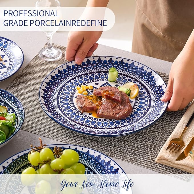 Bestone Porcelain Dinnerware Sets Service for 4, 12 pcs Hand drawn Plates and Bowls Sets, Handmade Ceramic Dish Set, Chip Resistant Modern Plate Set, Dishwasher/Microwave Safe，Vintage Blue