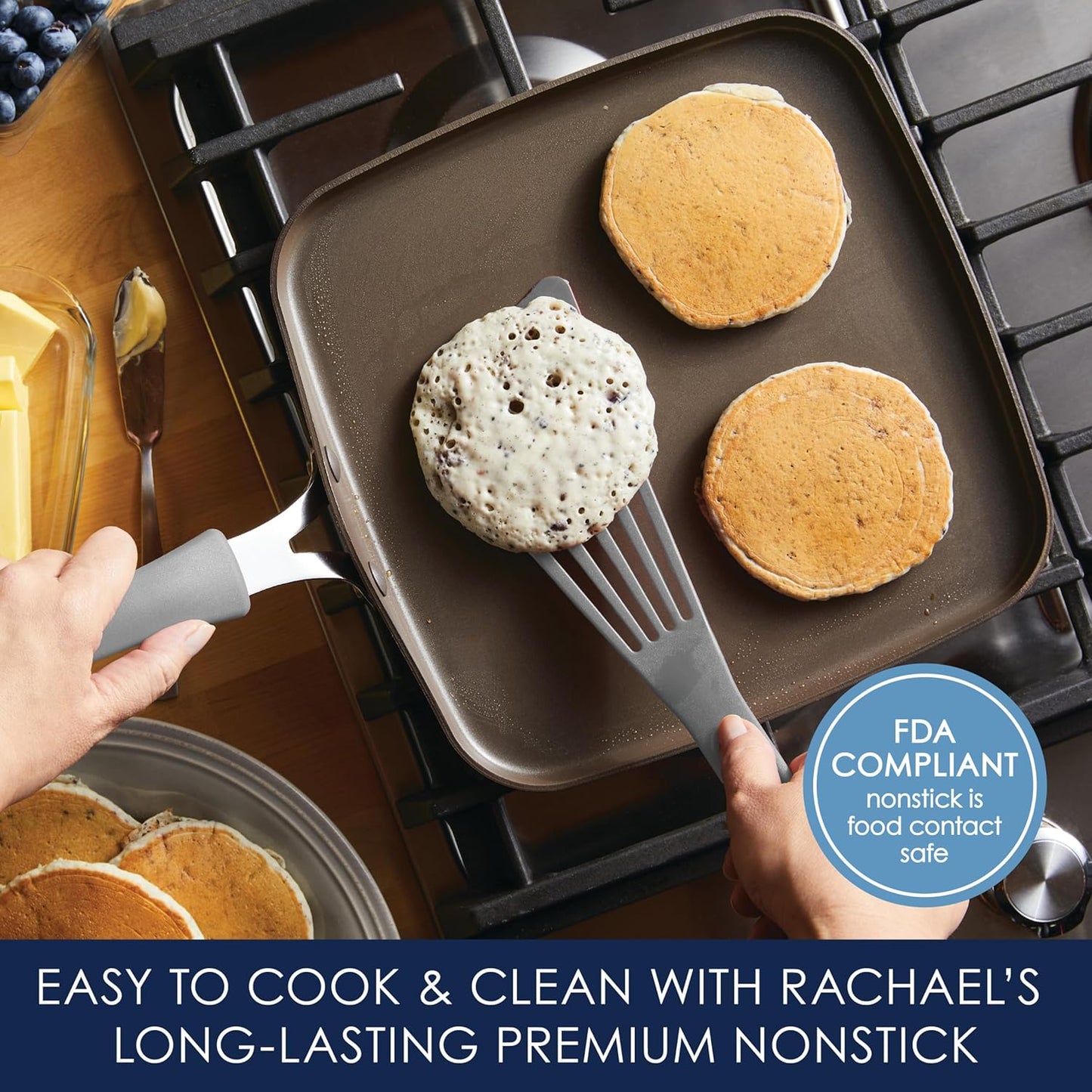 Rachael Ray Cook + Create Nonstick Stovetop Griddle/Grill Pan, Square, 11 Inch, Gray