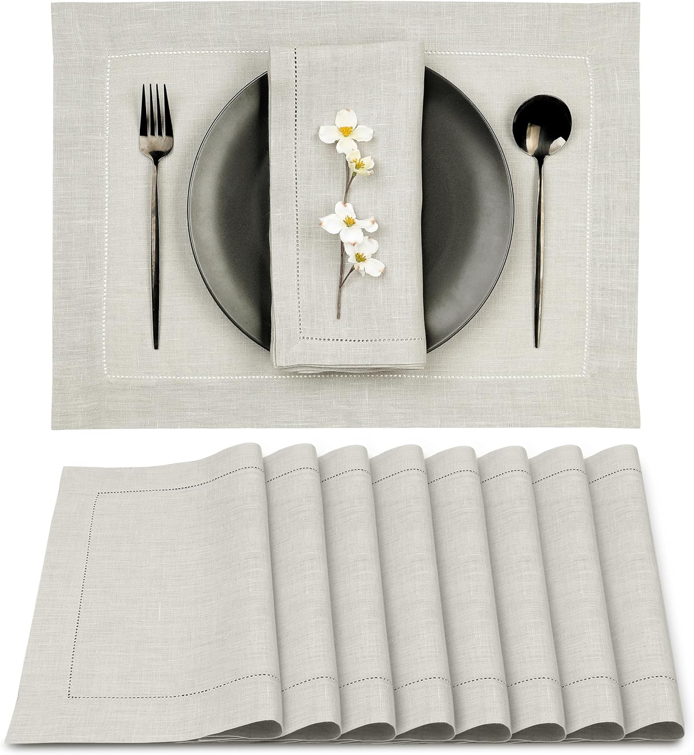 D'Moksha Homes Silver Grey Linen Cloth Placemats Set of 8-100% Pure Linen Hemstitch Placemats 14 x 19 Inch - Classic Hemstitch Table Place Mats for Fall, Halloween - Handcrafted and Machine Washable