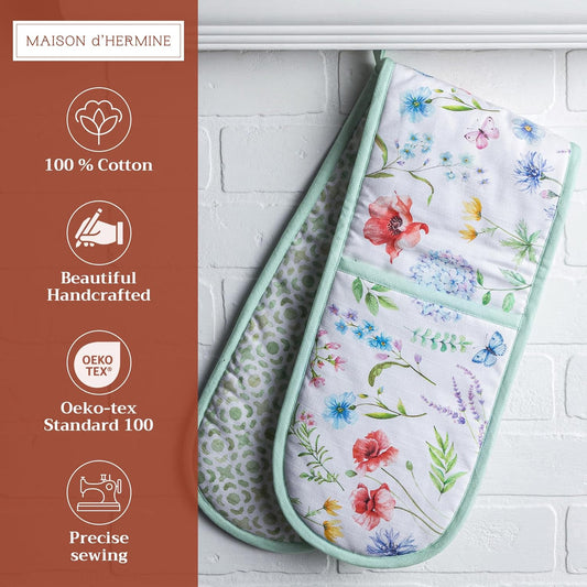 Maison d' Hermine Double Oven Mitts 100% Cotton 7"x35" Double Oven Mitt Heat Resistant BBQ Cooking Gloves with Loop, Baking, Grilling, Home, Kitchen, Handling Hot Pans Spring Summer (Just Floral).