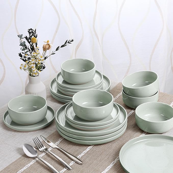 HaWare Stoneware Dinnerware Sets, 18-Piece Plates and Bowls Set for 6, Dishes Set for Home Restaurant, Speckled Asparagus Green