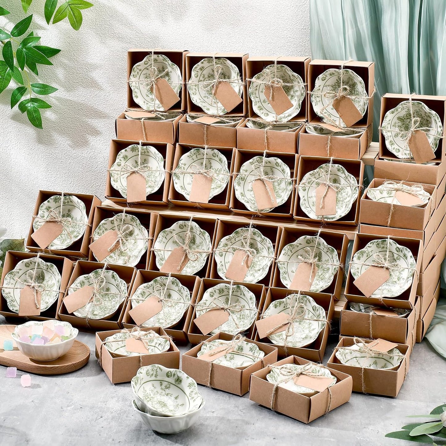 48 Pcs Wedding Favors for Guests Small Ceramic Bowl Bulk Gifts Set 3.3 Inch Floral Design Mini Dipping Bowl Sauce Dish with Cards Box for Bridal Baby Shower Birthday Guest Gift (Sage Green)
