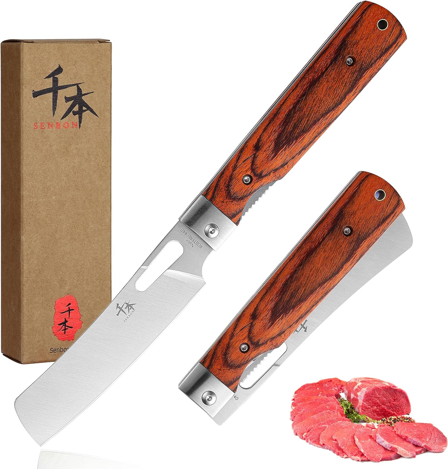 SENBON 440A Stainless Steel Super Sharp Japanese Pocket Folding Chef Knife Peeling Utility Knife Color Wooden Handle Camping Travel Outdoor Portable Kitchen Knife