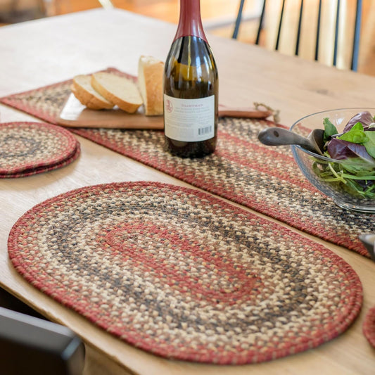 Homespice Chester Jute Braided Oval Placemats, Warm Lodge and Cabin Decor, Set of 6, 13x19 Red Table Mats - Vibrant Colors, Durable, Easy to Clean and Protects Furniture