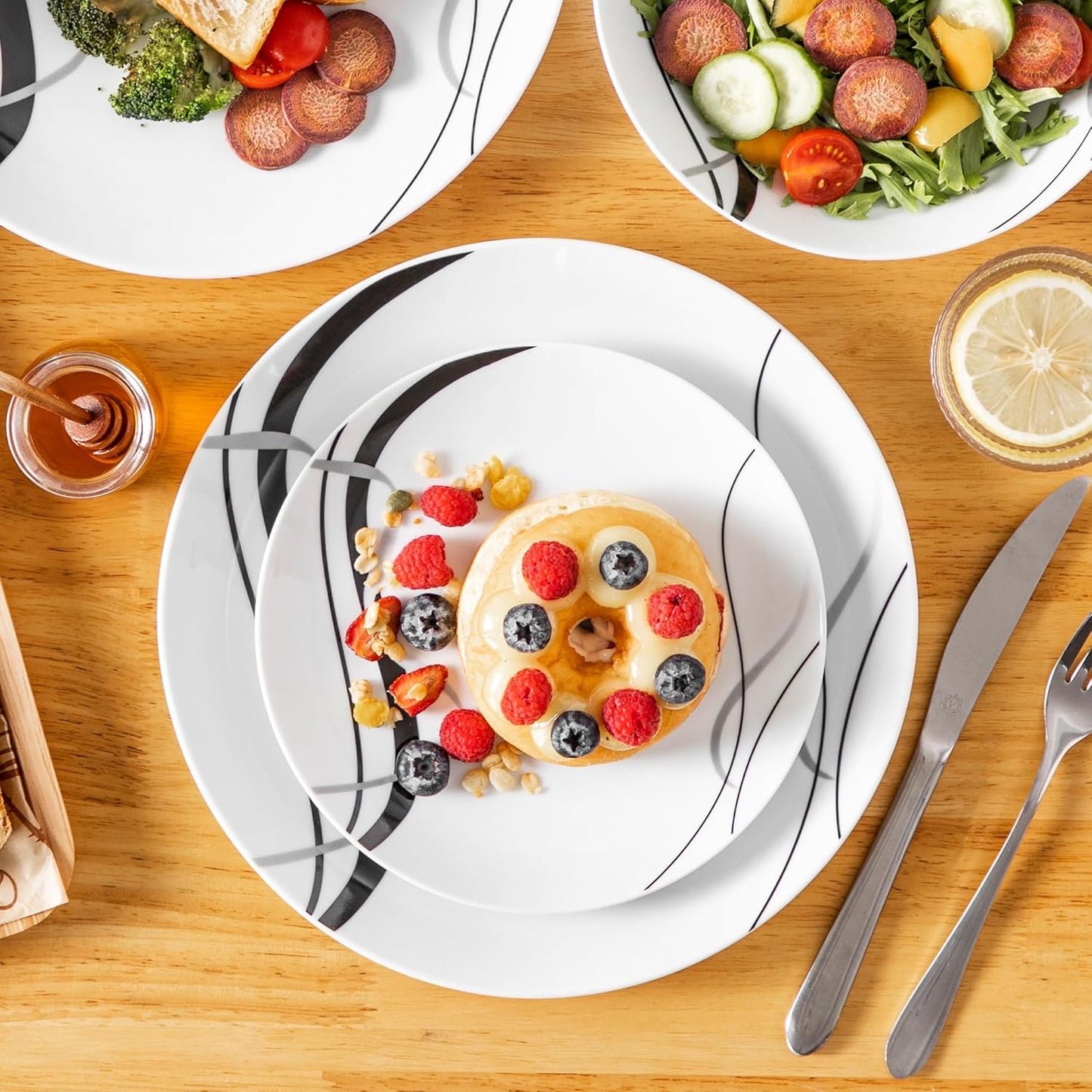 VEWEET Porcelain Dinnerware Sets for 6, 18 Pieces Plates and Bowls Set with Black and Grey Ribbon Lines, Dishes Set Dining Ware for Dinner, Microwave and Dishwasher Safe, Series FIONA