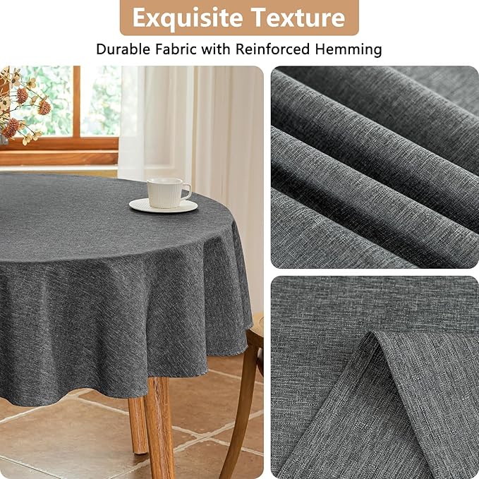 Fabric 60 Inch Grey Round Table Cloth, Faux Linen Textured Stain Resistant & Reusable Circle Tablecloth, Spill Proof for Dinning Kitchen Party