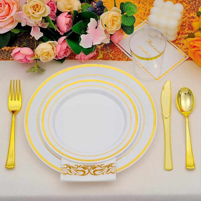 700 PCS Gold Plastic Dinnerware for 100 Guests, Gold and White Disposable Plates include 100 Dinner Plates,100 Dessert Plates,100 Silverware Set,100 Cups,100 Napkins