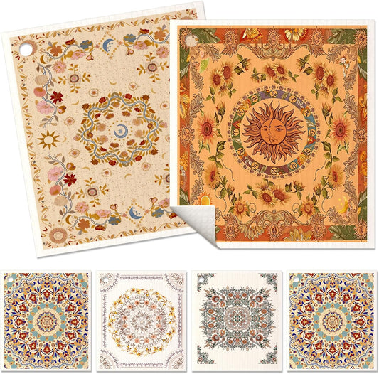 6 Pack Swedish Dishcloths for Kitchen - Reusable Dish Cloths for Washing Dishes Absorbent Cute Funny Kitchen Towels Cleaning Sponge, Bohemi