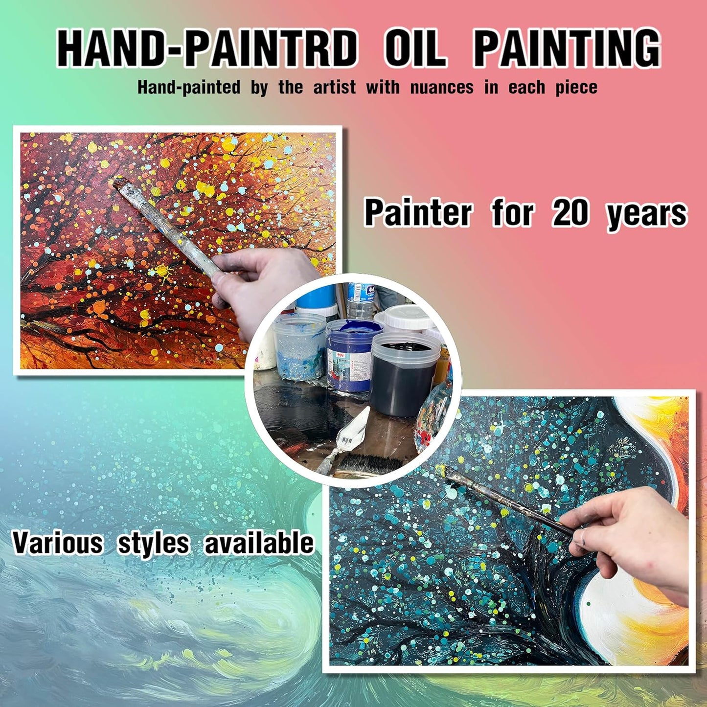 Tree Painting Wall Art for Living Room - Teal and Yellow Hand Painted Wall Art for Office - Abstract Canvas Wall Decor Bedroom Size 24" x 47"