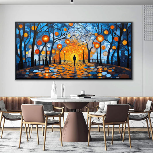 QZQCBLC Large Dark Blue Wall Art, Abstract Night Scene Wall Pictures Orange Light Black Trees Landscape Framed Canvas Paintings Artwork for Living room Bedroom kitchen Home Office Decor 29x58 IN