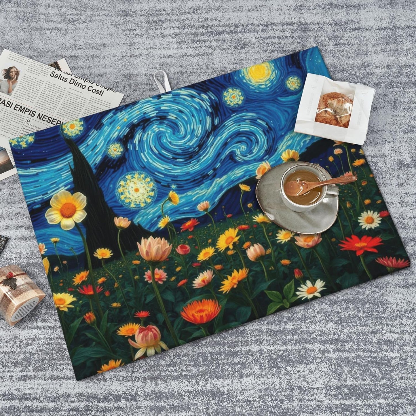 Starry Night Flowers Dish Drying Mat for Kitchen Counter, 18"x24" Microfiber Absorbent Fast Dry Mat, 2Pcs Dish Mat Faucet Mats Sets, Large Drying Kitchen Mat Kitchen Drying Pad