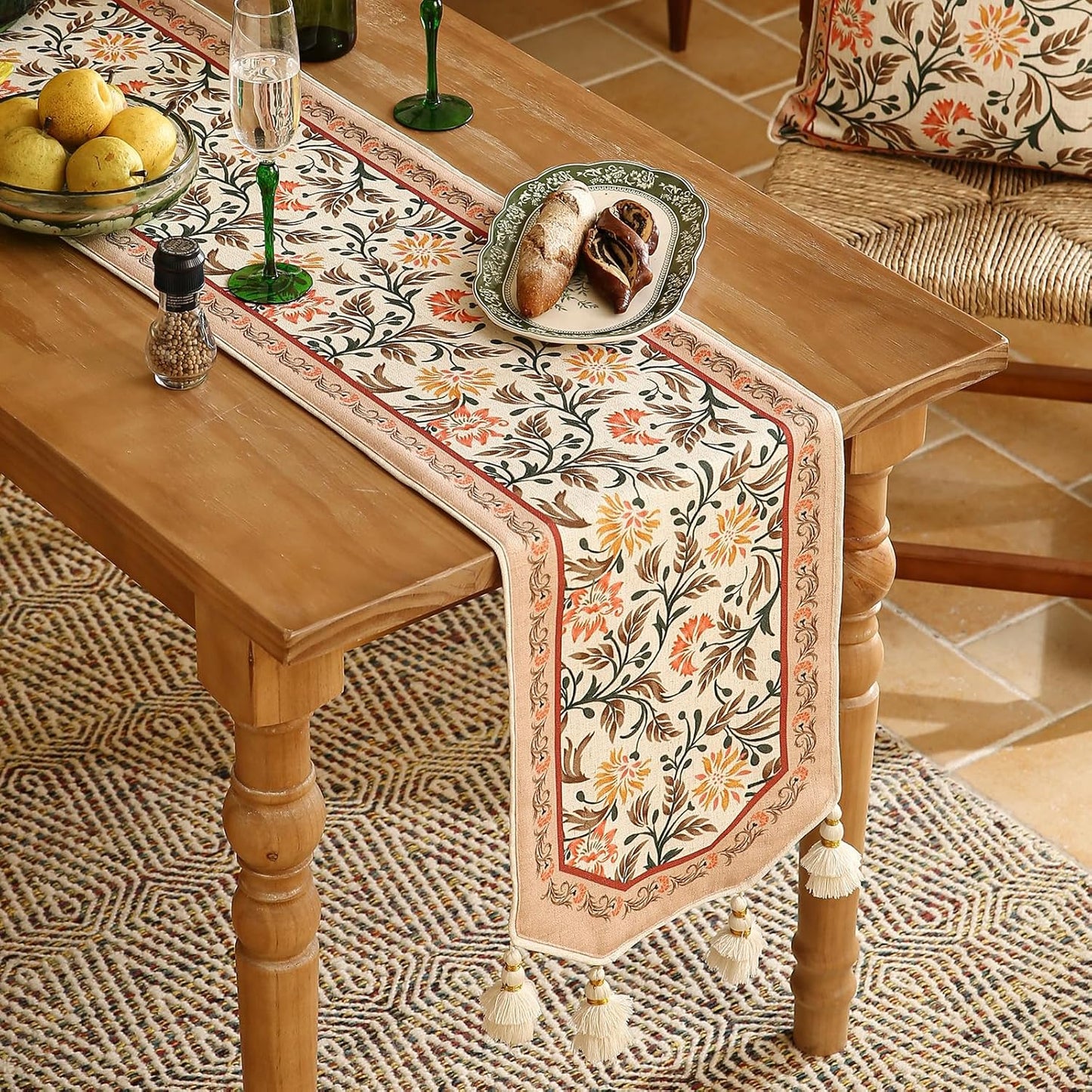 ISAENNE Designer French Elegant Linen Table Runner 71 Inches Long,Farmhouse Lily Pattern Decor Table Runners for Dining Tables,Thanksgiving,Kitchen Tables,Christmas,12"*71"-Aurora A