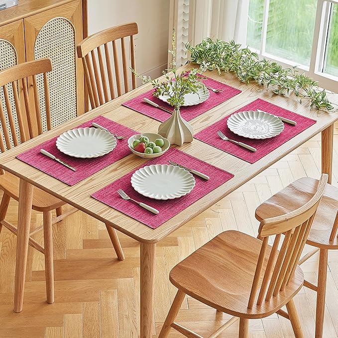 Softalker Faux Linen Placemats Set of 8-12 x 18 Inch, Heat Resistant Double Layered Durable Burlap Farmhouse Place Mats, Non-Slip Washable Rustic Table Mats for Dining, Kitchen, Party（Pink