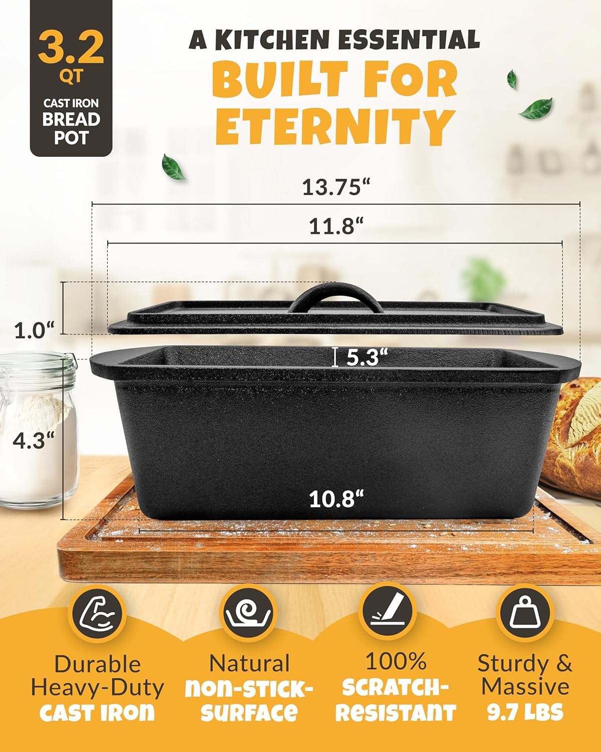 Rectangular Cast Iron Dutch Oven for Bread Baking - incl. Sourdough Bread-Baking Supplies - 3.2QT Bread-Pan for Homemade-Bread, Sour dough Bread-Pans with Lid, Bread-Oven, Bread-Baking-Pan