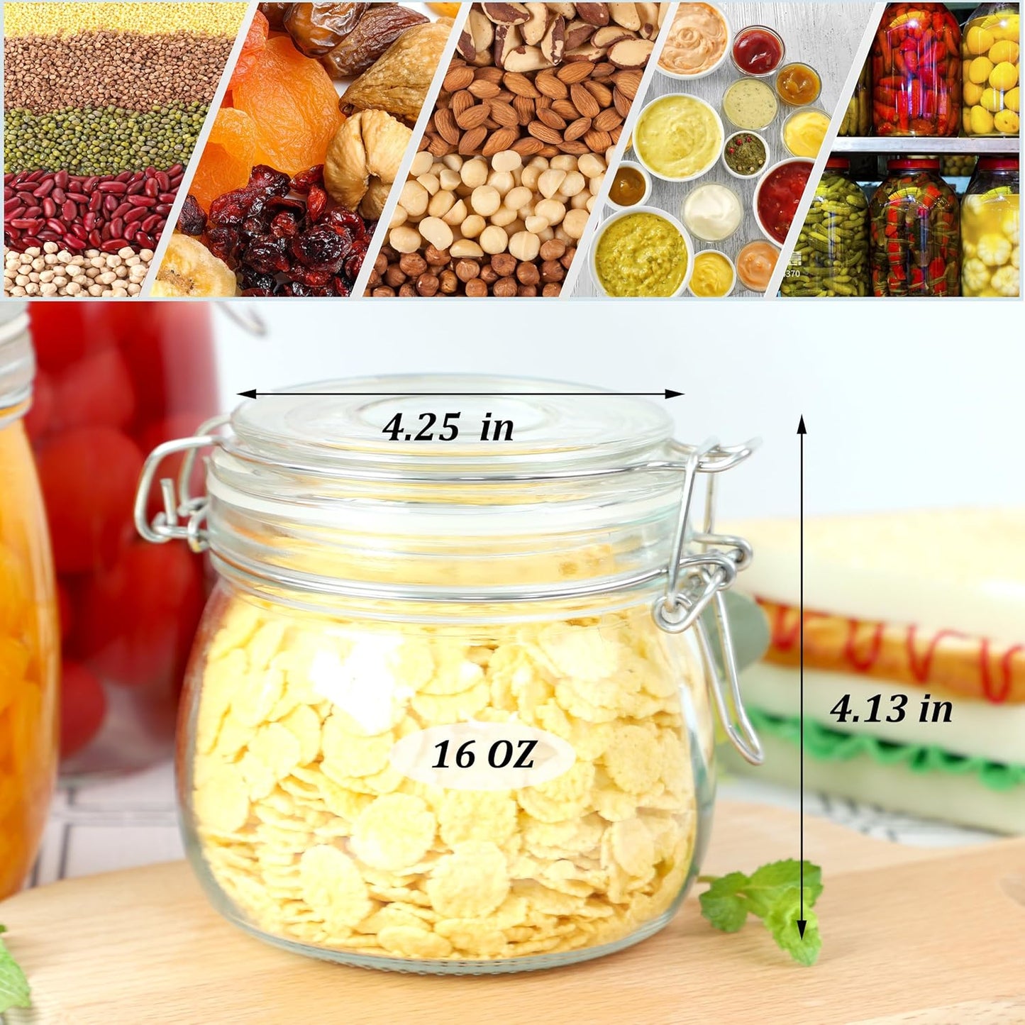 Glass Jar With Airtight Lid 16 Oz (Set Of 6) Wide Mouth Airtight Food Storage Containers Leakproof Canister For Coffee,Sugar,Chocolate Chips,Canning,Candy,Cereal,Spice,Pickle,Cookies,Dried Fruits