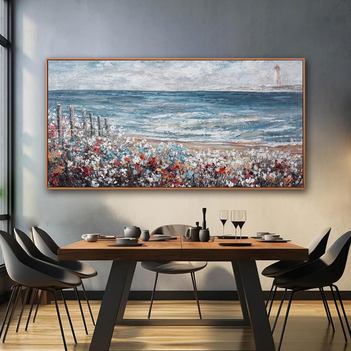 Large Wall Art Scene Decor Canvas Print Painting Picture Artwork Framed Blue Sea Colorful flowers Landscape For Living Room Bedroom Living Room And Office Wall Decor 29 x 58 Inch