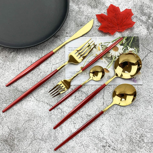 JASHII 18/10 Silver Silverware Set Stainless Steel Flatware Utensils Set Gold Cutlery Set| 24-Piece Modern Cubiertos Dorados| BEST Birthday Wedding Gift (4 sets, Red Handle Gold Mirror Polish)