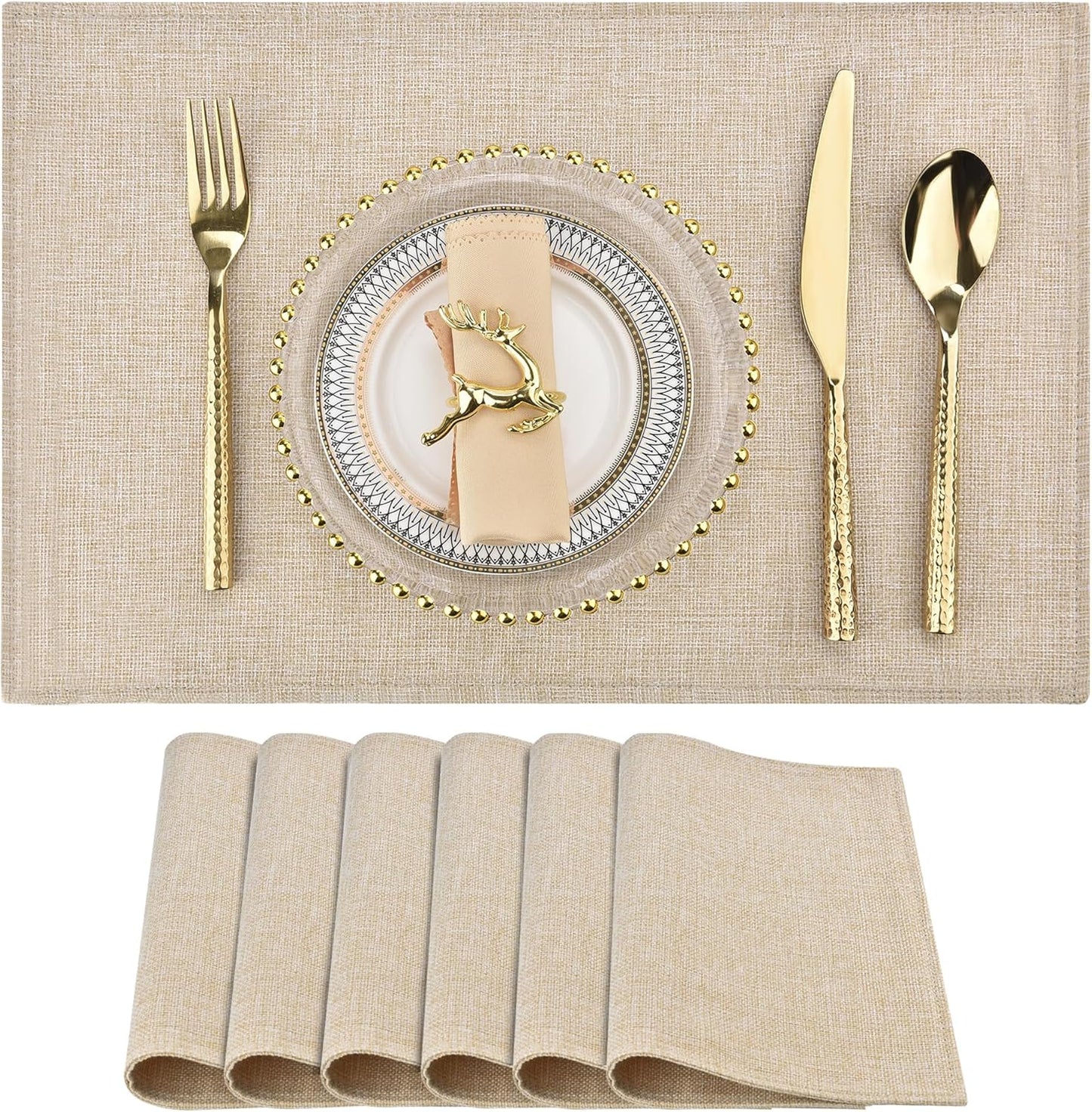 SLKQG Linen-Look Placemats Set of 6, Heat Resistant & Machine Washable Double-Layered Cloth Placemats for Dining Table, Indoor/Outdoor Use, Wrinkle-Free and Non-Slip Kitchen Table Mats (6, Beige)