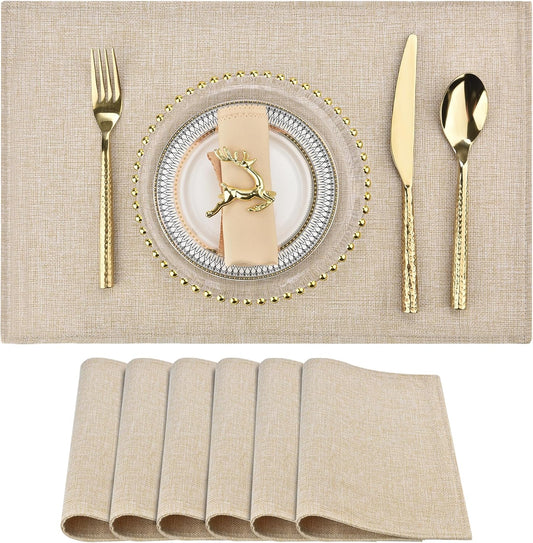 SLKQG Linen-Look Placemats Set of 6, Heat Resistant & Machine Washable Double-Layered Cloth Placemats for Dining Table, Indoor/Outdoor Use, Wrinkle-Free and Non-Slip Kitchen Table Mats (6, Beige)
