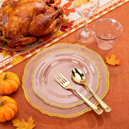 Hioasis 350pcs Clear Gold Plastic Plates - Gold Plastic Dinnerware Set Includes 50 Dinner Plates, 50 Dessert Dinnerware, 50 Cups, 50 Rolled Napkin Cutlery Perfect for Wedding & Party