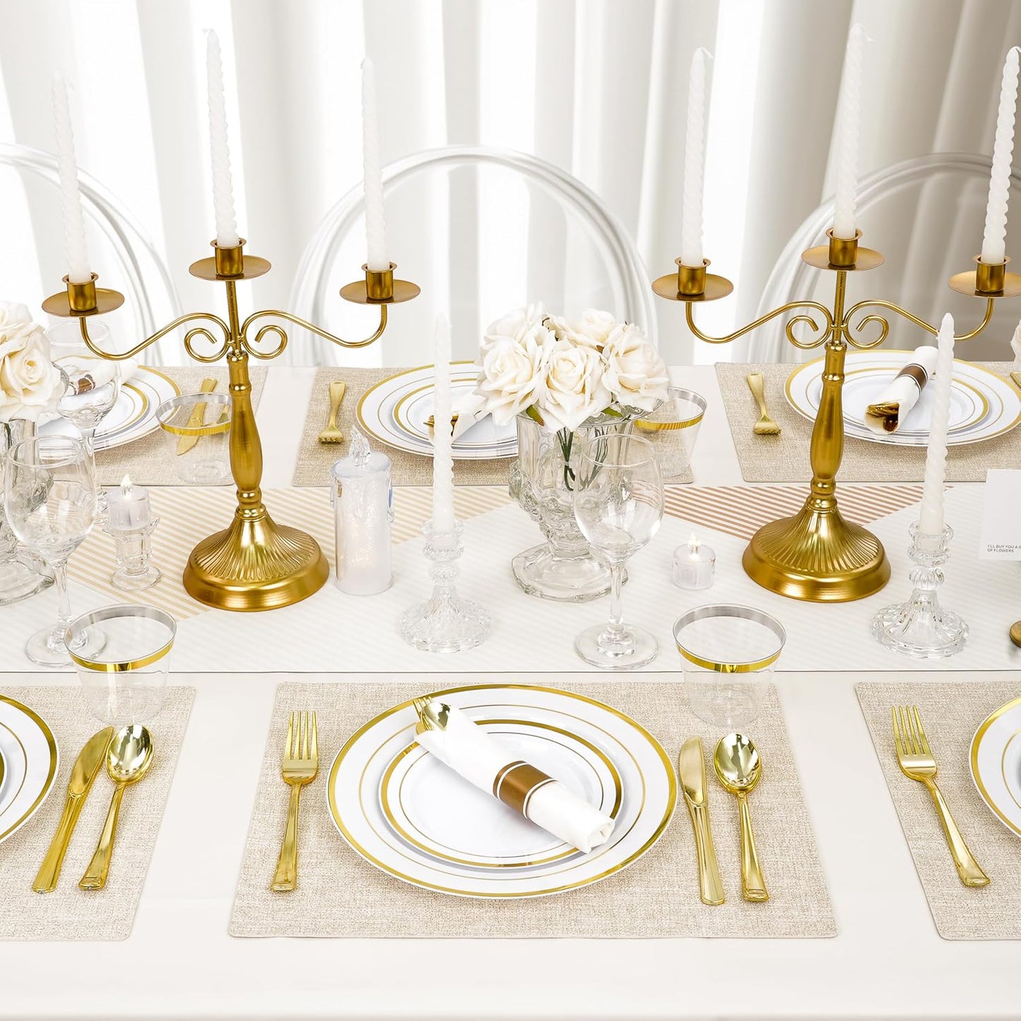 350 PCS White and Gold Plastic Dinnerware Set for 50 Guests, 100 Disposable Plates for Party, 50 Pre Rolled Napkins with Gold Silverware, 50 Cups