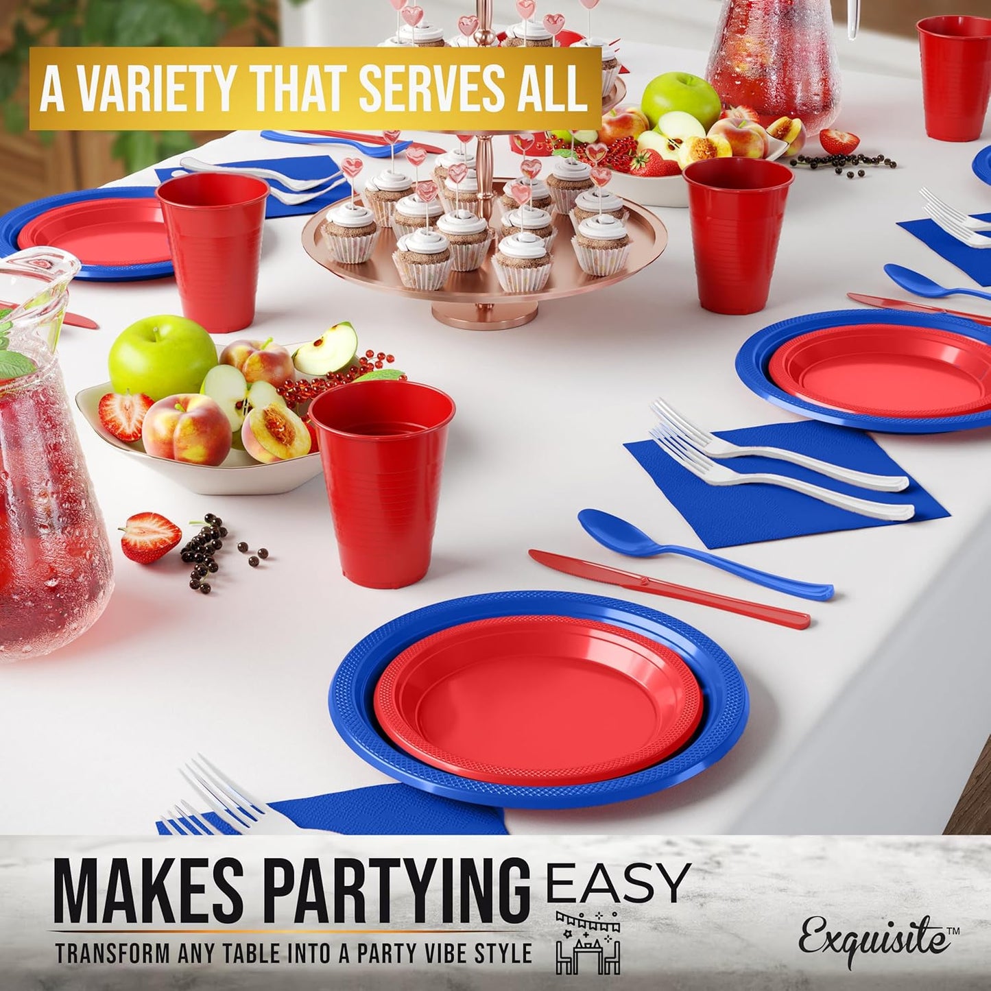 Party Solids 4th Of July Plates And Napkins Sets 350 Pieces Red White & Blue Plates And Napkins 4th Of July Decorations, 50 Of Each 9" Dinner Plate Set, 7" Plate, Cups, Napkins, Cutlery Dinnerware