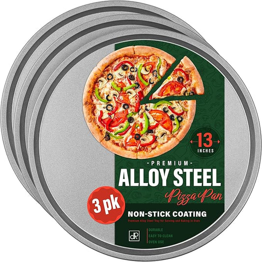 DecorRack 13 Inch Alloy Steel Pizza Pan, Non-Stick Coating, Dishwasher Safe Serving Tray, Round Baking Tray for Oven Use (3 Pack)