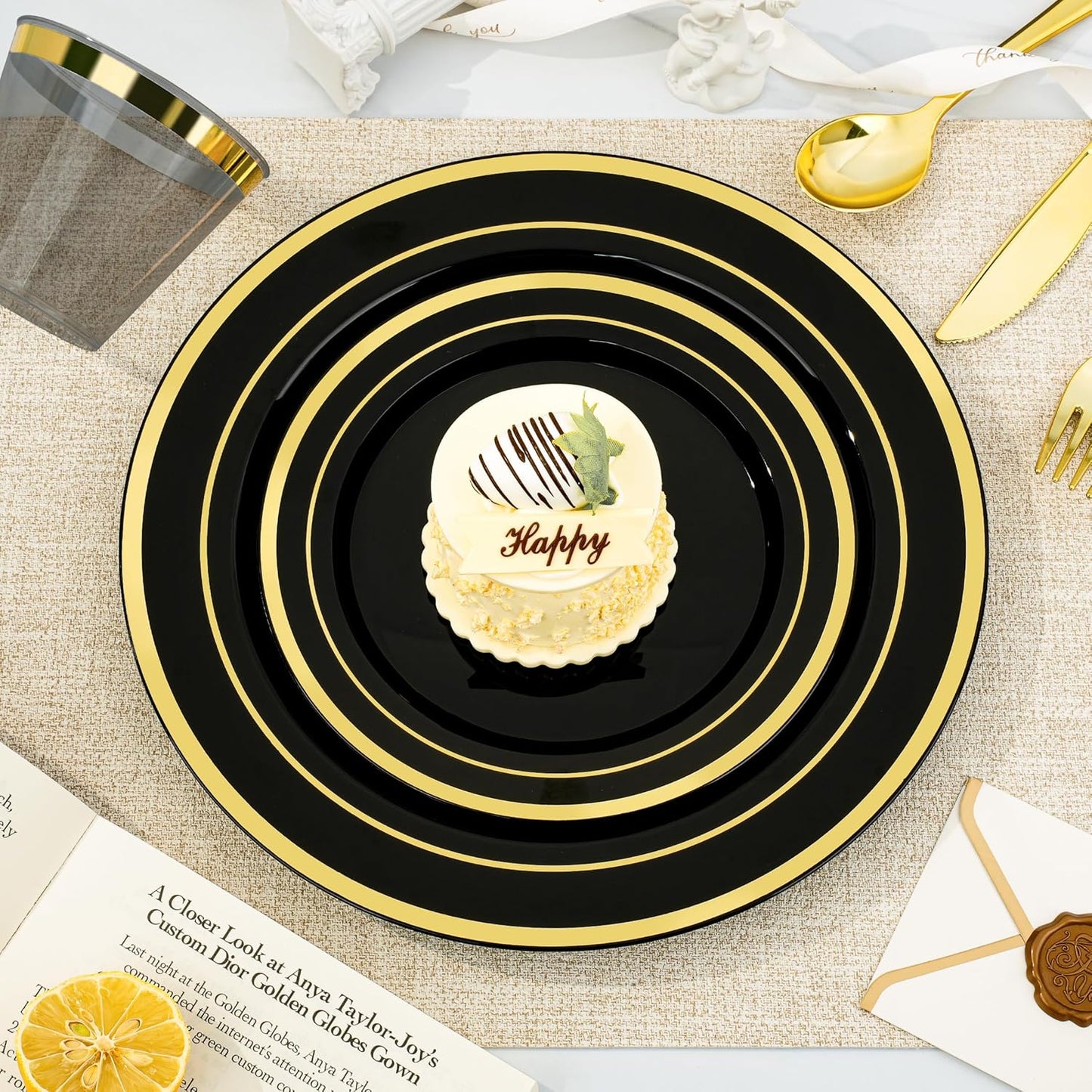 BESTVIP 350PCS Black Gold Dinnerware Set for 50 Guests, Plastic Plates for Halloween Party and Christmas, 50 Disposable Plates, 50 Dessert Plates, 50 Cups, 50 Spoons, 50 Forks and 100 Knives