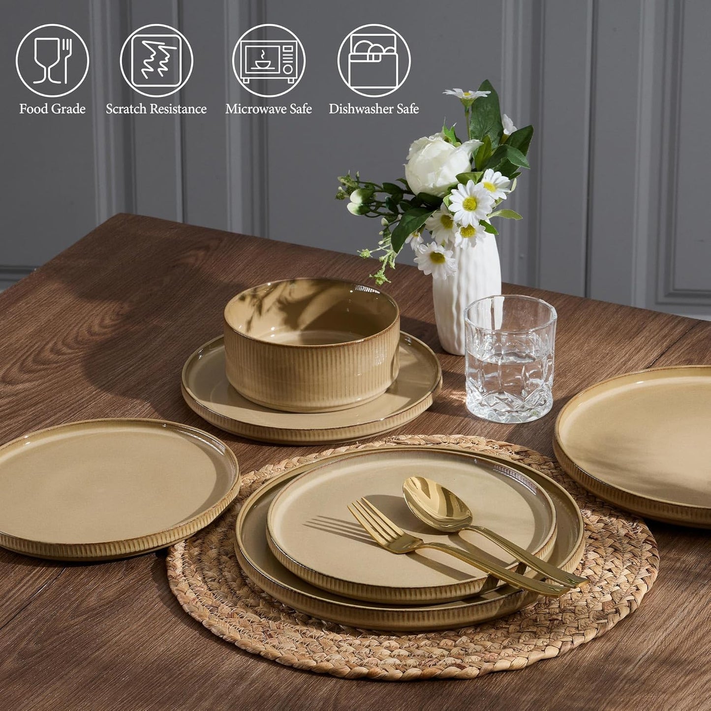 E-far 24-Piece Stoneware Dinnerware Sets, Plates and Bowls Sets for 8, Kitchen Modern Dinning Porcelain Dishes Set, Chip & Scratch Resistant, Dishwasher & Microwave Safe, Caramel Khaki